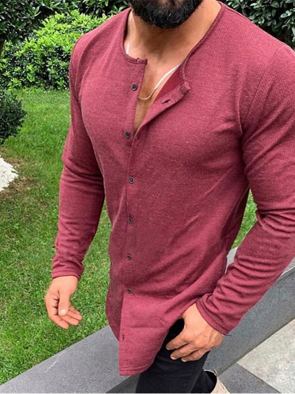 Men's Shirt Solid Color Crew Neck Street Casual Button-Down Long Sleeve Tops Casual Fashion Comfortable White Black Fuchsia Summer Shirts Muscle Shirts for Men #8973431