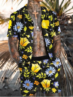 Men's Shirt Set 3D Print Floral Turndown Casual Holiday 3D Print Button-Down Short Sleeve Tops Casual Fashion Hawaiian Comfortable Yellow #8970592