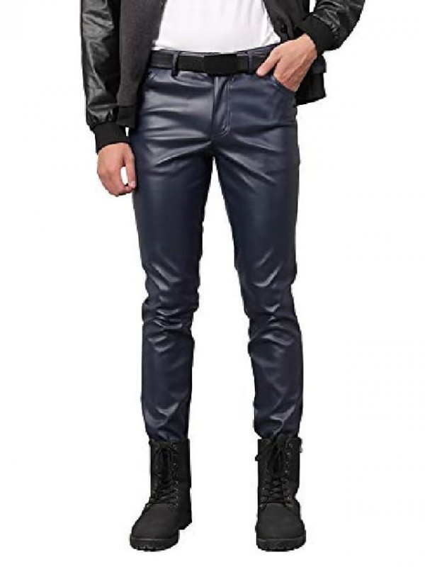 leather pants men zipper slim fit motorcycle pants stretch soft trousers joggers leggings #8894231