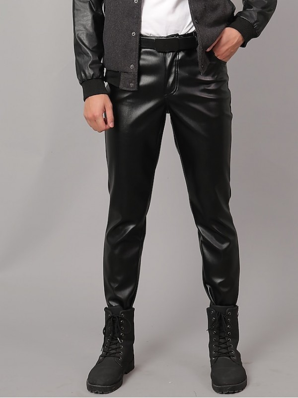 leather pants men zipper slim fit motorcycle pants stretch soft trousers joggers leggings #8894231