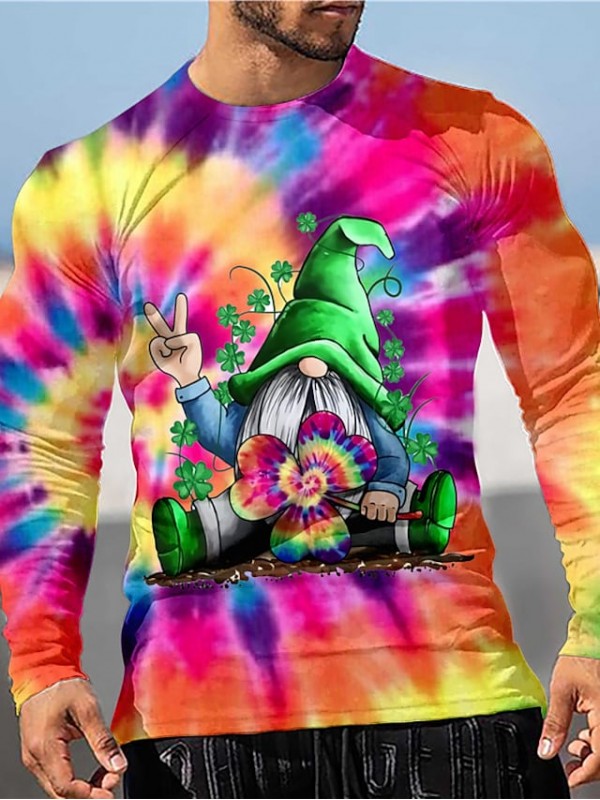 Men's T shirt 3D Print Graphic Saint Patrick Day Rendering Crew Neck Street Daily Print Long Sleeve Tops Basic Designer Big and Tall Orange #8974973