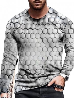 Men's Unisex Tee T shirt Shirt 3D Print Graphic Prints Geometry Crew Neck Daily Holiday Print Long Sleeve Tops Casual Designer Big and Tall Silver #8806423