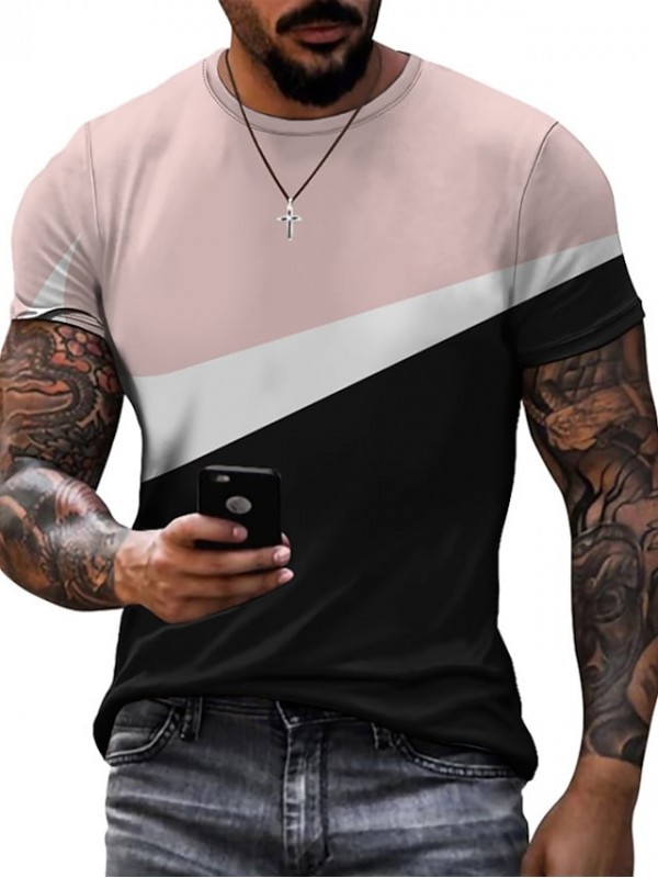 Men's T shirt 3D Print Graphic Color Block Crew Neck Daily Sports Print Short Sleeve Tops Casual Classic Designer Big and Tall Black Pink Red #8999303