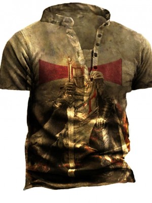 Men's Henley Shirt Tee T shirt 3D Print Graphic Soldier Henley Casual Daily Button-Down Print Short Sleeve Tops Fashion Vintage Retro Big and Tall Khaki #9018705