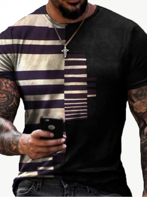 Men's Tee T shirt 3D Print Striped Graphic Prints Round Neck Daily Holiday Print Short Sleeve Tops Casual Designer Big and Tall Blue Black Red / Summer #8661942