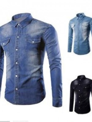 new black jeans shirt men autumn fashion double pocket demin shirt casua slim fit shirts chemise homme marque #8644092