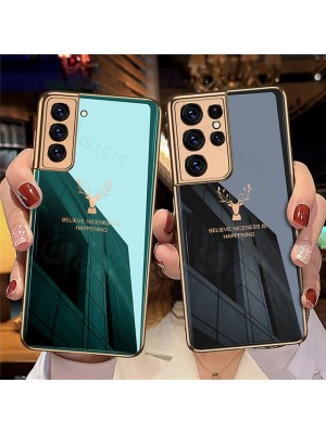 Luxury Plating Painted Tempered Glass Phone Cases for Samsung Galaxy S21 Plus S21 Ultra Deer Patterned Camera Protection Back Cover #8683280