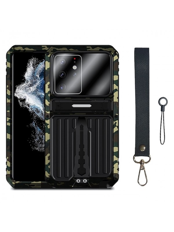 Phone Case For Samsung Galaxy Full Body Case S22 S22 Plus S22 Ultra S21 Ultra Plus Shockproof with Stand with Wrist Strap Camouflage Solid Colored Silica Gel Tempered Glass PC #9011478