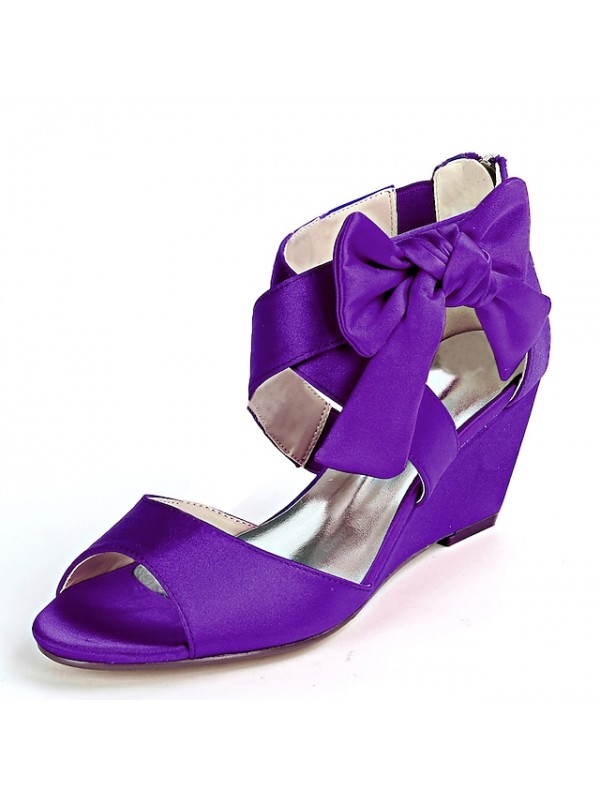 Women's Wedding Shoes Wedding Sandals Bridal Shoes Bridesmaid Shoes Bowknot Wedge Heel Open Toe Sweet Wedding Party & Evening Satin Zipper Solid Colored White Black Purple #8207279