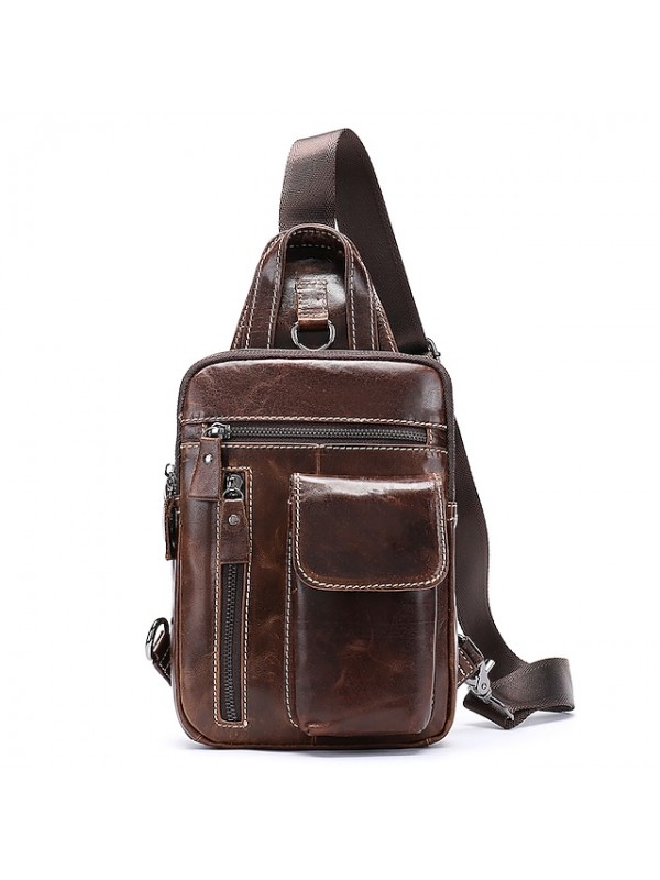 Men's Retro Sling Shoulder Bag Nappa Leather Cowhide Zipper Daily Black Dark Coffee Brown Coffee #8807381