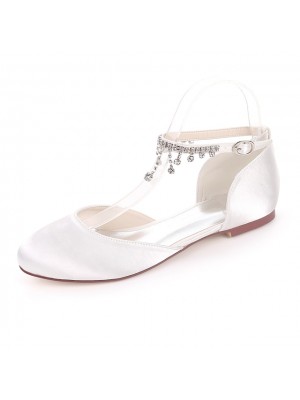 Women's Wedding Shoes Glitter Crystal Sequined Jeweled Plus Size Ankle Strap Heels Wedding Flats Bridesmaid Shoes Rhinestone Flat Heel Round Toe Basic Sweet Wedding Satin Summer Solid Colored White #6714820