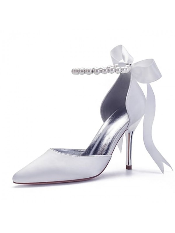 Women's Wedding Shoes Ankle Strap Heels Wedding Heels Bridal Shoes Pearl Ribbon Tie Lace-up High Heel Pointed Toe Elegant Vintage Party Wedding Satin Lace-up Spring Summer Solid Colored White Black #8067851