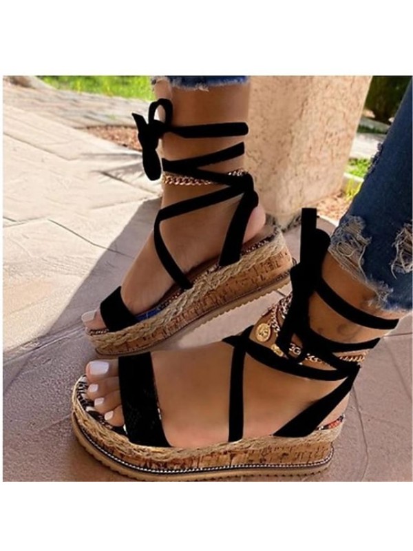 Women's Sandals Lace Up Sandals Boho Bohemia Beach Platform Sandals Wedge Heel PU Lace-up Green Black Brown #8550940