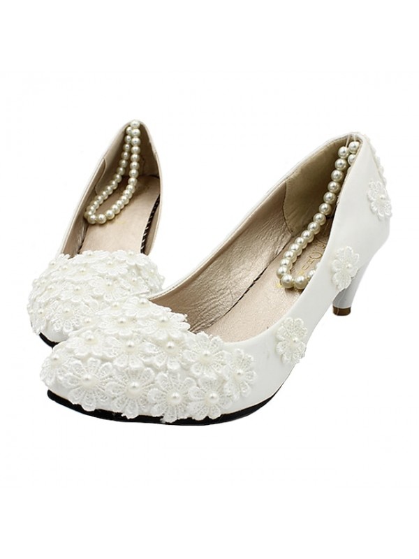 Women's Wedding Shoes Wedding Heels Bridal Shoes Pearl Lace Flower Kitten Heel Round Toe Closed Toe Sweet Wedding Faux Leather Loafer Spring Summer Solid Colored White #6117983