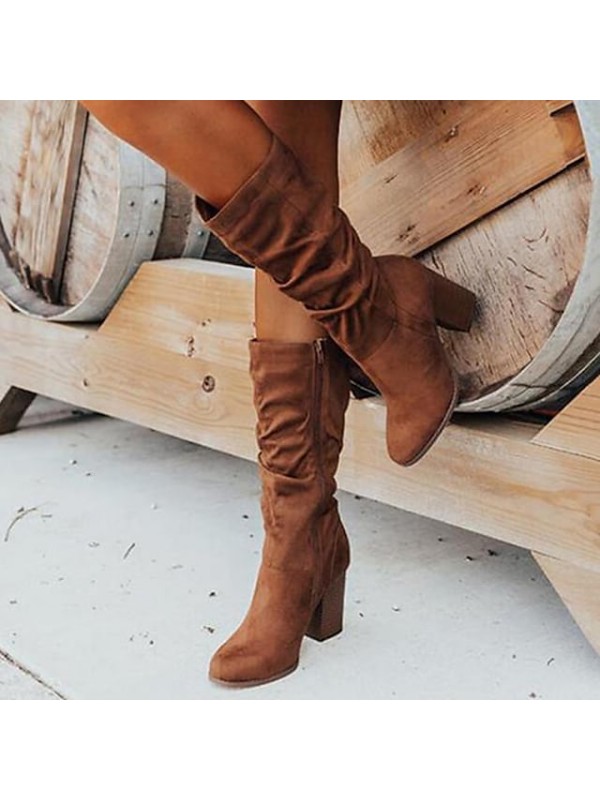 Women's Boots Mid Calf Boots Block Heel Chunky Heel Round Toe Casual Daily Outdoor Synthetics Zipper Winter Solid Colored Light Brown #8863174