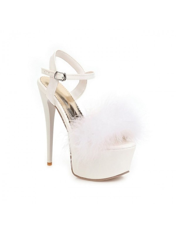 Women's Sandals Stiletto Heel Peep Toe Casual Daily Faux Fur Ankle Strap Spring Summer Solid Colored White Black Pink #8956032