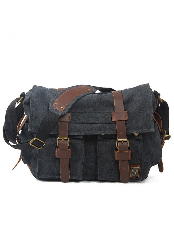 men canvas genuine leather big outdoor casual shoulder crossbody bag #8481921