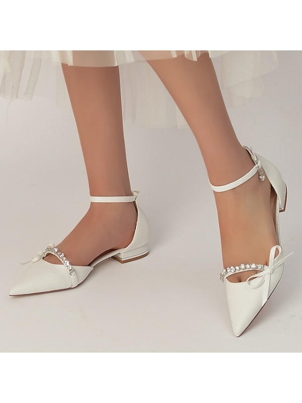 Women's Wedding Shoes Dress Shoes Wedding Flats Rhinestone Bowknot Flat Heel Pointed Toe Elegant Classic Party Wedding Glitter Ankle Strap Spring Summer Solid Colored White Champagne Silver #9028815