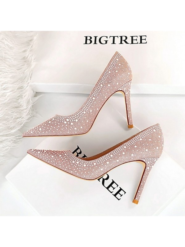 Women's Heels Sexy Shoes Sequin Stiletto Heel Pointed Toe Sexy Club Elastic Fabric Loafer Fall Spring Solid Colored Black Pink Khaki #8960199