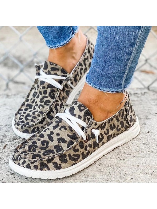 Women's Flats Slip-on Sneakers Lace-up Flat Heel Closed Toe Casual Daily Walking Shoes Canvas Elastic Band Leopard Leopard Black Gray #8233801