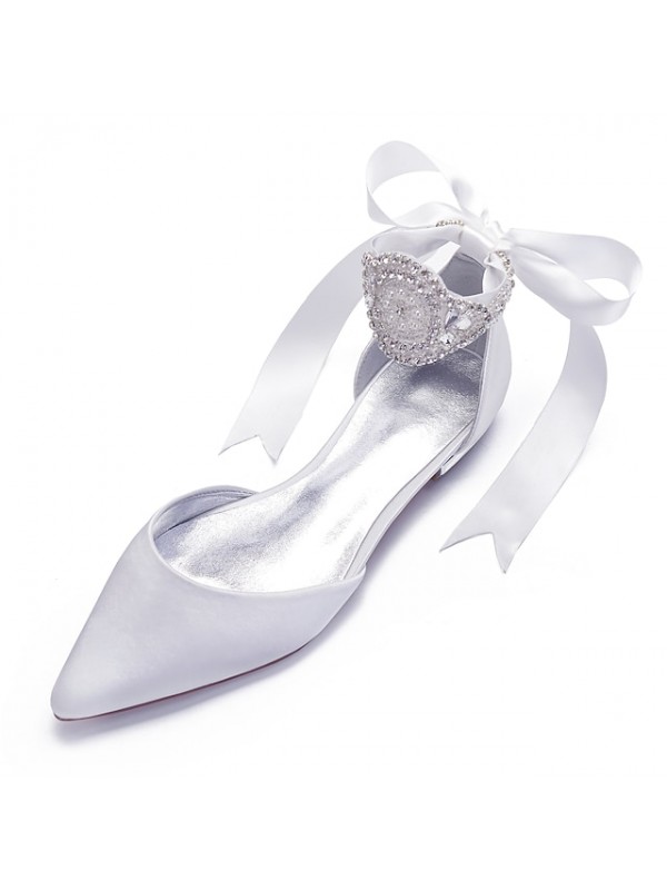 Women's Wedding Shoes Wedding Flats Bridal Shoes Rhinestone Crystal Imitation Pearl Flat Heel Pointed Toe Classic Sweet Wedding Party & Evening Satin Lace-up Solid Colored White Black Purple #8123044