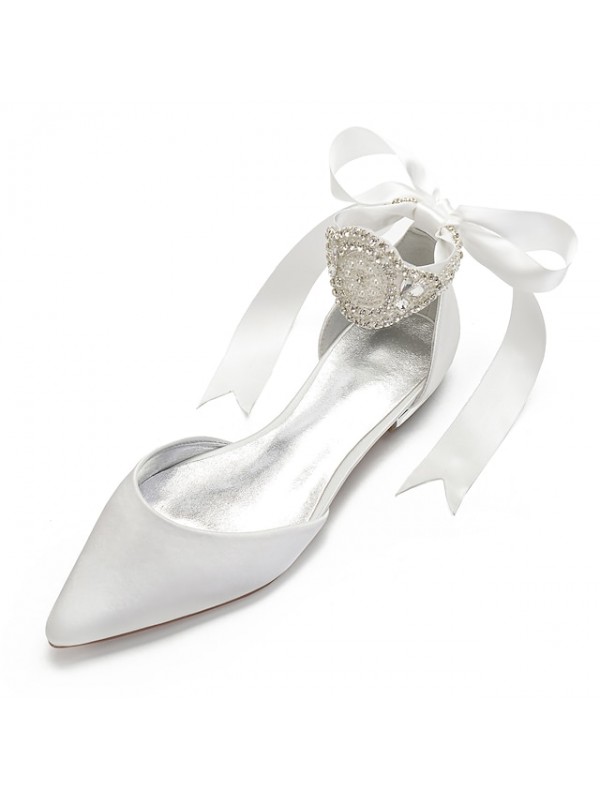 Women's Wedding Shoes Wedding Flats Bridal Shoes Rhinestone Crystal Imitation Pearl Flat Heel Pointed Toe Classic Sweet Wedding Party & Evening Satin Lace-up Solid Colored White Black Purple #8123044