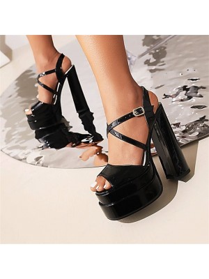 Women's Sandals Chunky Heel Open Toe Minimalism Daily Patent Leather Ankle Strap Summer Solid Colored Black #9018463