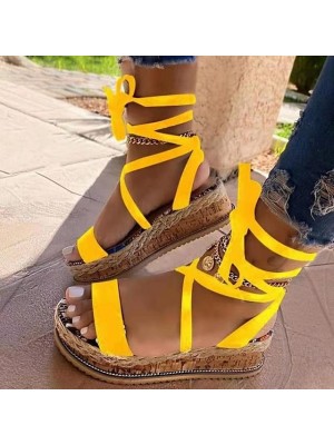 Women's Sandals Lace Up Sandals Boho Bohemia Beach Espadrilles Chunky Heel Round Toe PU Ankle Strap Leopard Yellow / Platform Sandals / Gladiator Sandals Roman Sandals #8557906