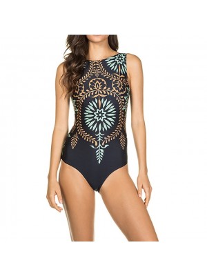 Women's One Piece Swimsuit High Neck Bodysuit Bathing Suit Floral Swimwear Green Black Breathable Quick Dry Comfortable Sleeveless - Swimming Surfing Beach Summer #8564149