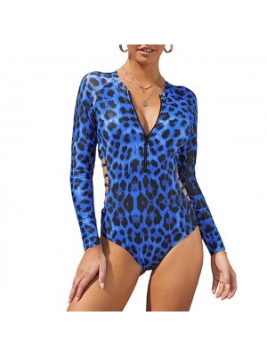 Women's One Piece Swimsuit Rashguard Swimsuit Nylon Elastane Bodysuit Bathing Suit UV Sun Protection UPF50+ Breathable Stretchy Long Sleeve Front Zip - Swimming Surfing Beach Water Sports Leopard #8690167