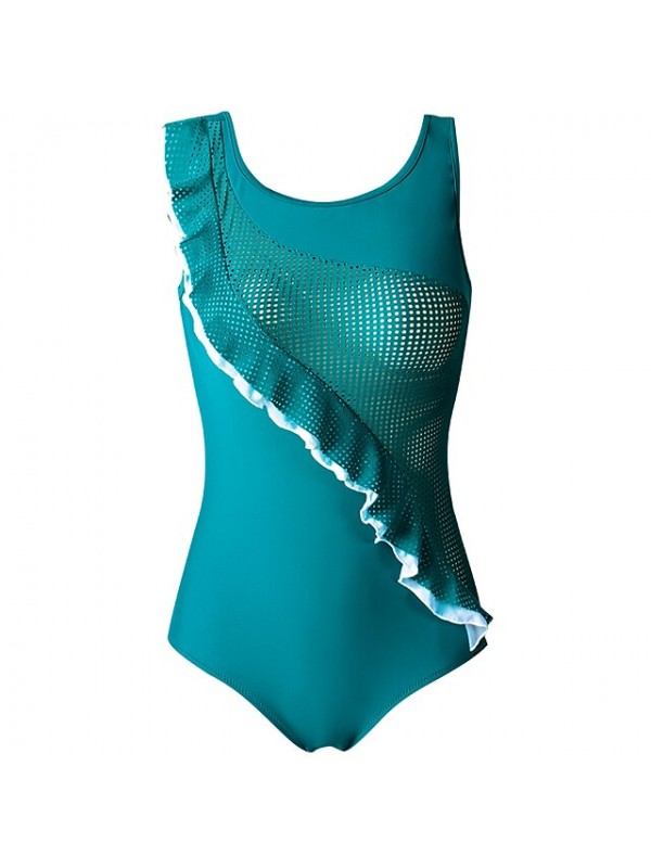 Women's One Piece Swimsuit Bodysuit Bathing Suit Breathable Quick Dry Stretchy Sleeveless Ruffle - Swimming Surfing Beach Water Sports Solid Colored Autumn / Fall Spring Summer #8648079