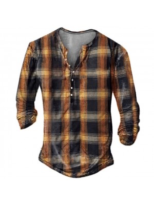 Men's Outdoor Plaid Print Henley Shirt V Neck Casual Loose Long Sleeve Tops T-Shirt Blouses #8963745