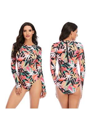 Women's One Piece Swimsuit Rash Guard Elastane Bodysuit Bathing Suit UV Sun Protection UPF50+ Breathable Stretchy Long Sleeve Back Zip - Swimming Surfing Beach Water Sports Floral Autumn / Fall #8959425