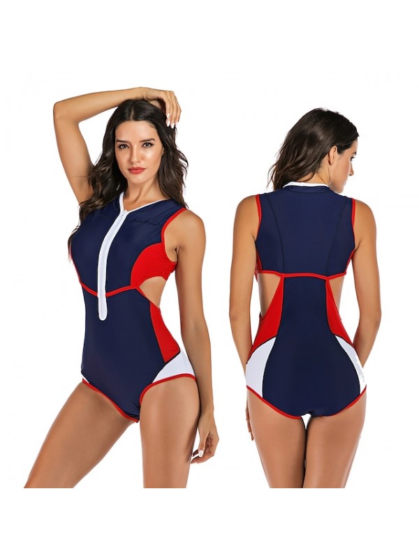 Women's One Piece Swimsuit Nylon Spandex Bodysuit Bathing Suit UV Sun Protection Breathable Quick Dry Stretchy Long Sleeve Front Zip - Swimming Surfing Beach Water Sports Patchwork Summer #8994636