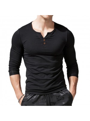 Mens Cotton Muscle Slim Fitted Sport Henley T-Shirt with Button Breathable Lightweight Long Sleeve Tops #8963772