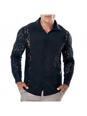 Men's See Through Flower Lace Hollow Shirt Long Sleeve Turn Down Collar Button Down Sheer Blouse Ballroom Party Shirt #9028670