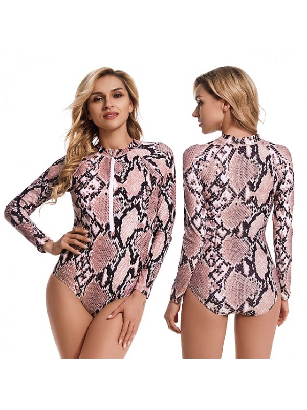 Women's One Piece Swimsuit Rash Guard Spandex Swimwear Bodysuit Bathing Suit UV Sun Protection Breathable Quick Dry Stretchy Long Sleeve Front Zip - Swimming Surfing Water Sports Printed Autumn #9016780