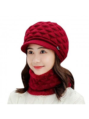 winter headwear two piece set womens knitted beanie hat with brim warm ski hats with fleece scarf neck warmer red #8603323