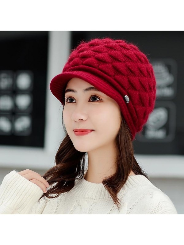 winter headwear two piece set womens knitted beanie hat with brim warm ski hats with fleece scarf neck warmer red #8603323