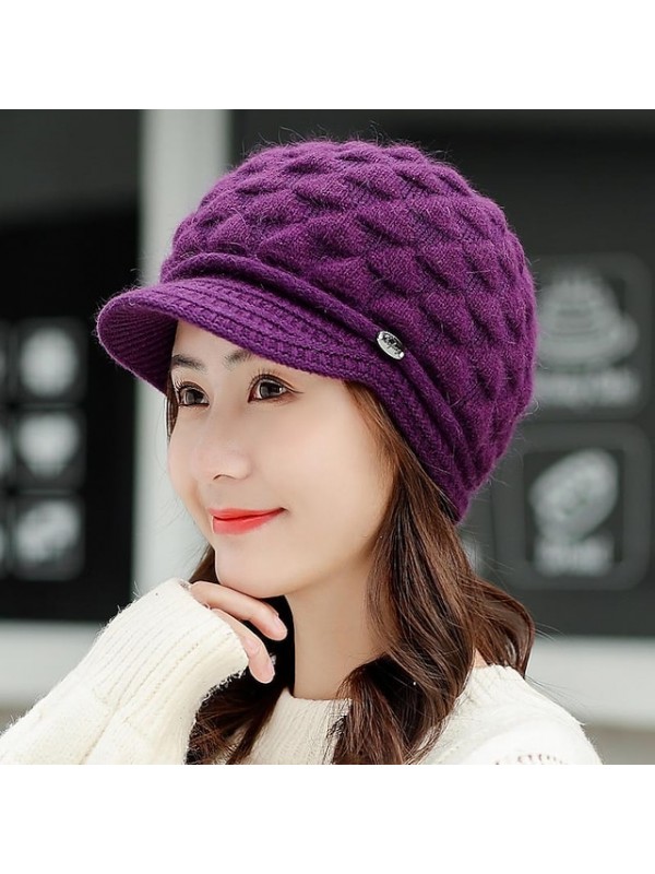 winter headwear two piece set womens knitted beanie hat with brim warm ski hats with fleece scarf neck warmer red #8603323