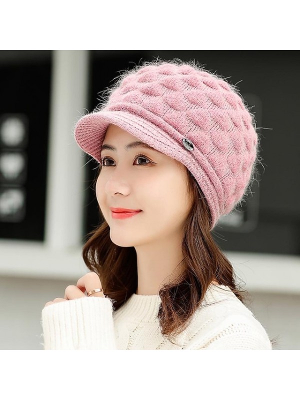 winter headwear two piece set womens knitted beanie hat with brim warm ski hats with fleece scarf neck warmer red #8603323