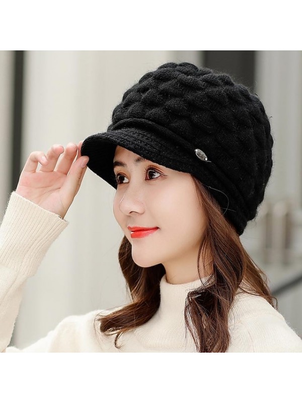 winter headwear two piece set womens knitted beanie hat with brim warm ski hats with fleece scarf neck warmer red #8603323