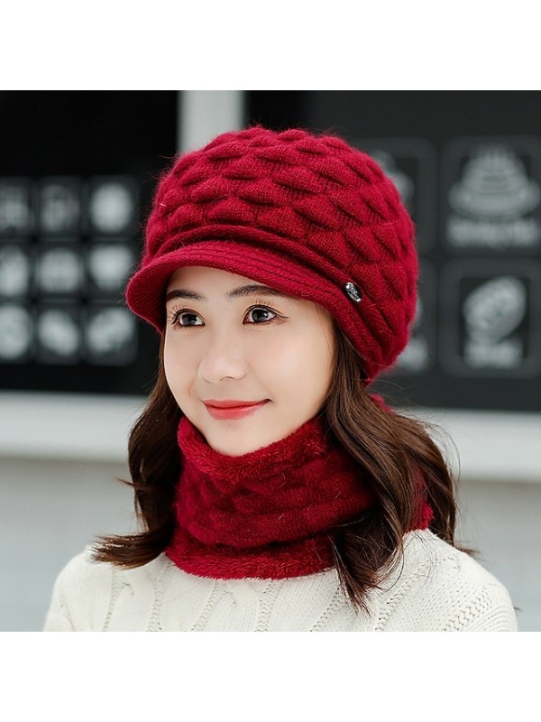 winter headwear two piece set womens knitted beanie hat with brim warm ski hats with fleece scarf neck warmer red #8603323