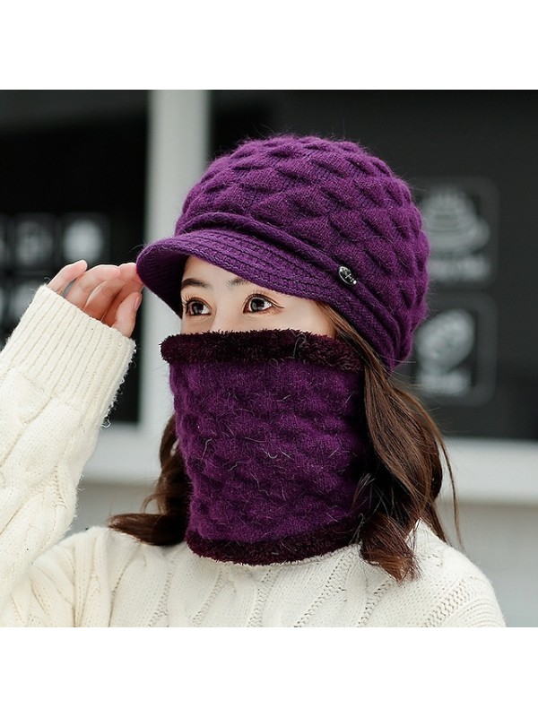 winter headwear two piece set womens knitted beanie hat with brim warm ski hats with fleece scarf neck warmer red #8603323