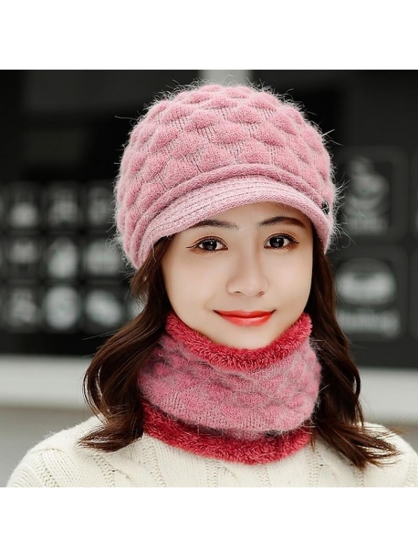 winter headwear two piece set womens knitted beanie hat with brim warm ski hats with fleece scarf neck warmer red #8603323