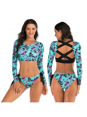 Women's Two Piece Swimsuit 2 Piece Swimwear Bathing Suit Floral / Botanical Swimwear Blue Black UV Sun Protection Ultra Light (UL) Breathable Long Sleeve - Swimming Surfing Water Sports Autumn / Fall #8994608