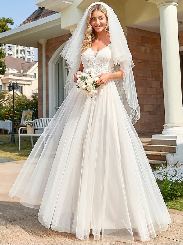 A-Line Wedding Dresses V Neck Floor Length Tulle Sleeveless Romantic Wedding Dress in Color with Lace Embroidery 2022 #9030449