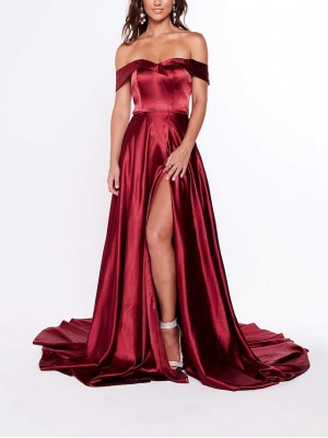 A-Line Reformation Amante Sexy Prom Formal Evening Dress Off Shoulder Short Sleeve Chapel Train Charmeuse with Slit Pure Color 2022 #8971000