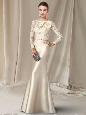 A-Line Mother of the Bride Dress Elegant V Neck Sweep / Brush Train Lace Satin Long Sleeve with Bow(s) Flower 2022 #9013182