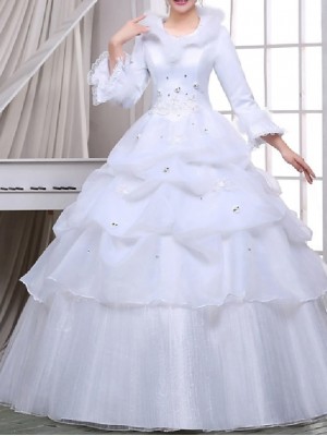 Princess Wedding Dresses Jewel Neck Floor Length Satin Tulle Long Sleeve Formal with Cascading Ruffles 2022 #8947872